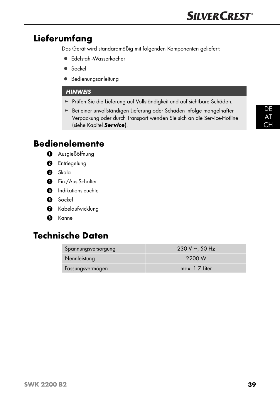 Lieferumfang, Bedienelemente, Technische daten | De at ch | Silvercrest SWK 2200 B2 User Manual | Page 42 / 52