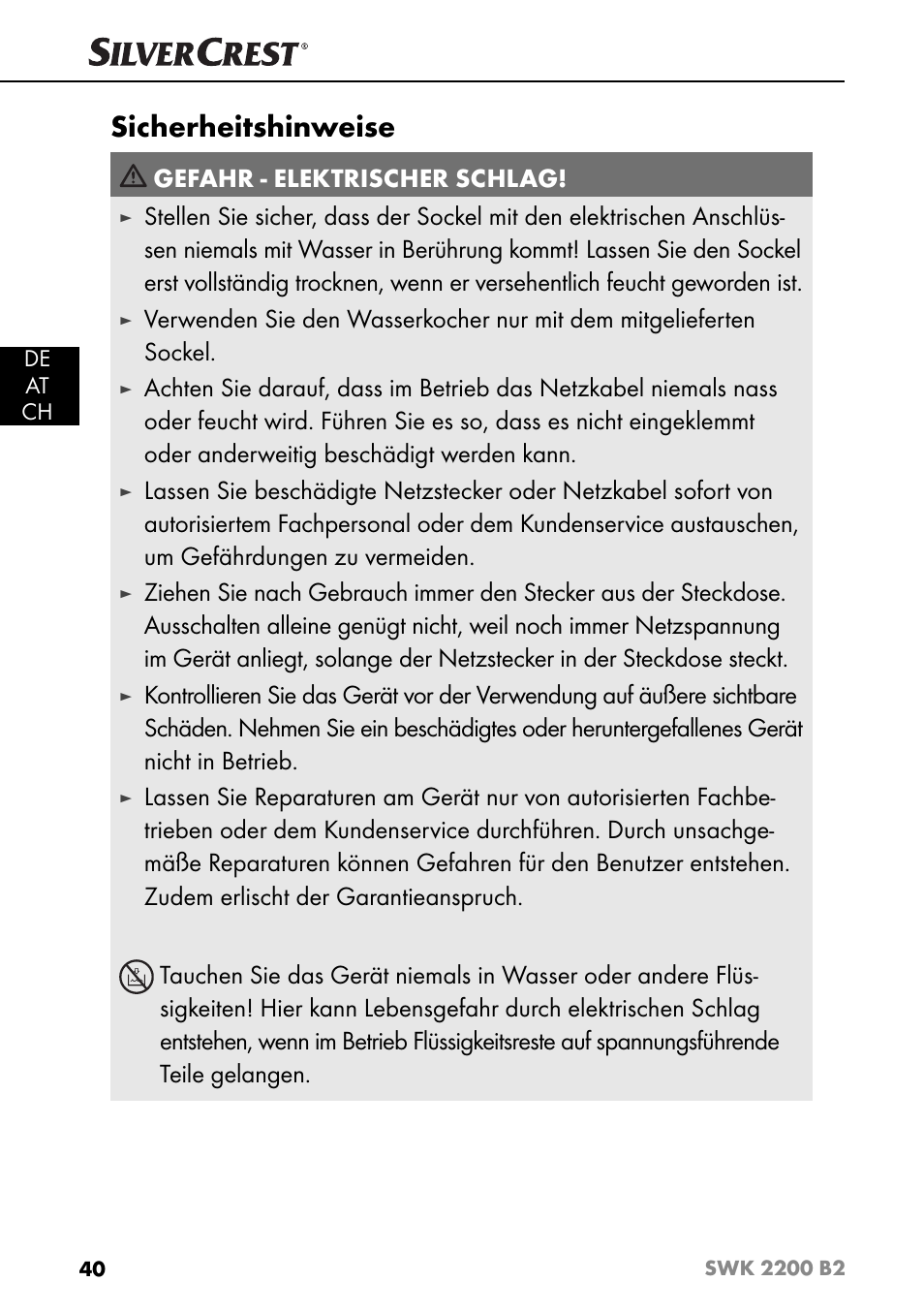 Sicherheitshinweise, Gefahr - elektrischer schlag | Silvercrest SWK 2200 B2 User Manual | Page 43 / 52