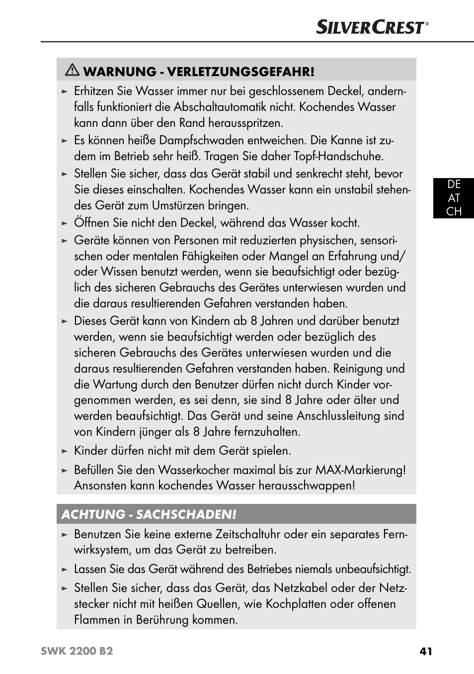 Warnung - verletzungsgefahr, Kinder dürfen nicht mit dem gerät spielen | Silvercrest SWK 2200 B2 User Manual | Page 44 / 52
