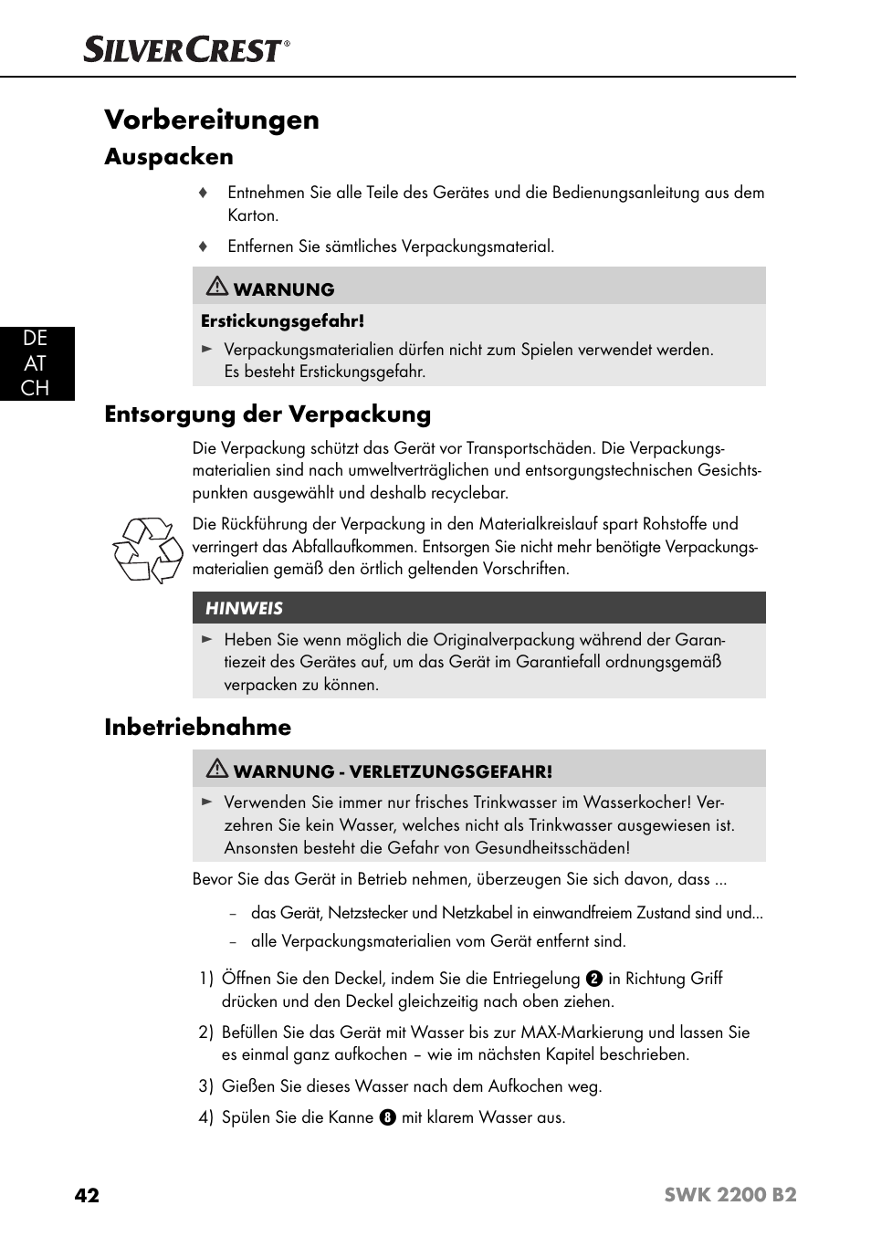 Vorbereitungen, Auspacken, Entsorgung der verpackung | Inbetriebnahme, De at ch | Silvercrest SWK 2200 B2 User Manual | Page 45 / 52