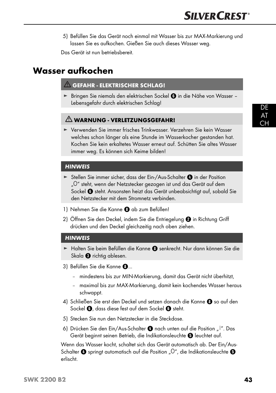 Wasser aufkochen, De at ch | Silvercrest SWK 2200 B2 User Manual | Page 46 / 52