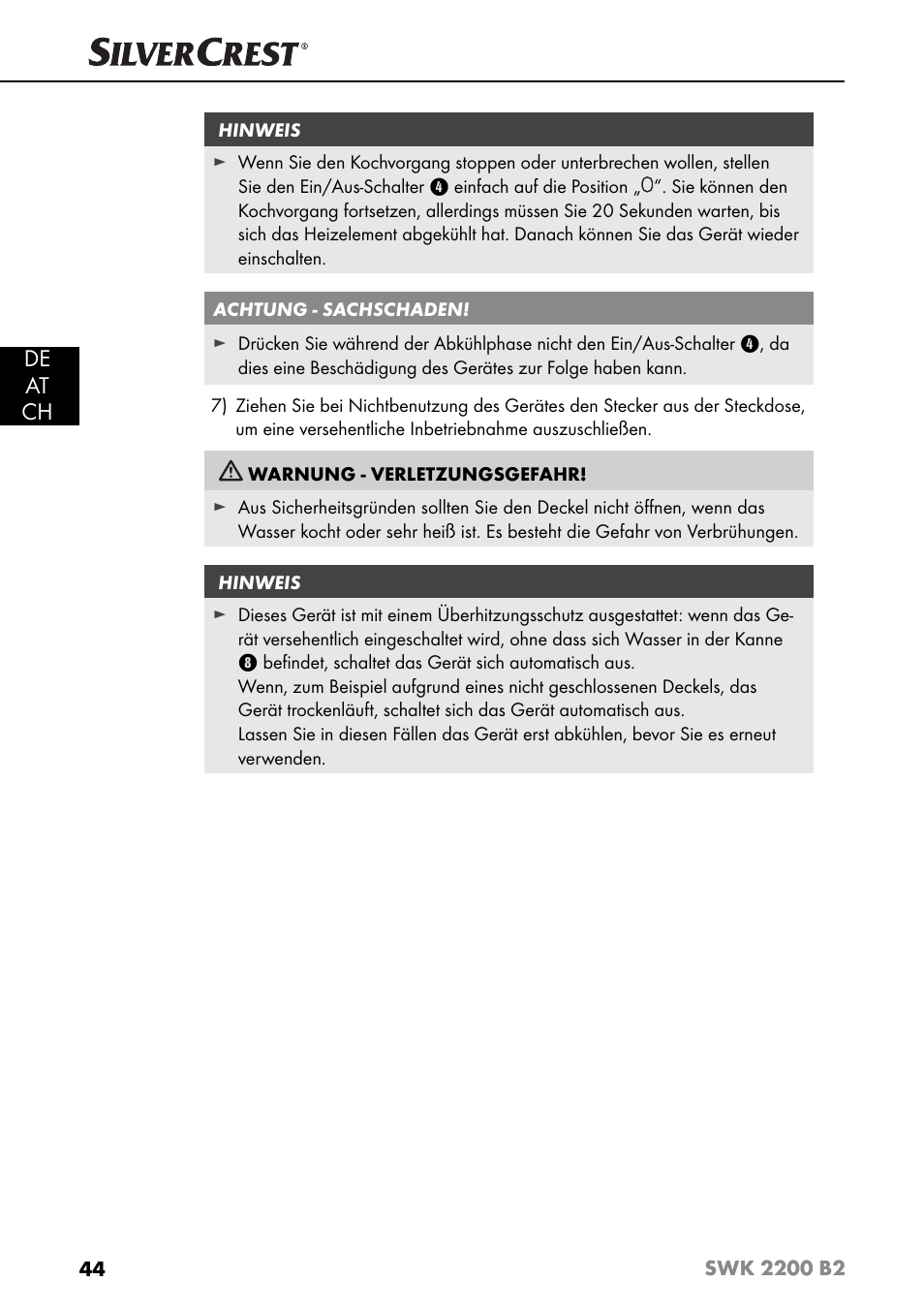 De at ch | Silvercrest SWK 2200 B2 User Manual | Page 47 / 52