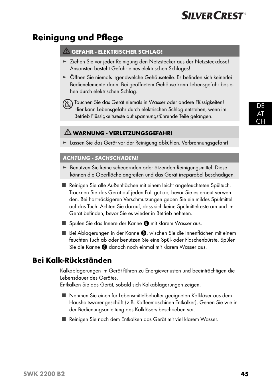 Reinigung und pﬂ ege, Bei kalk-rückständen, De at ch | Silvercrest SWK 2200 B2 User Manual | Page 48 / 52