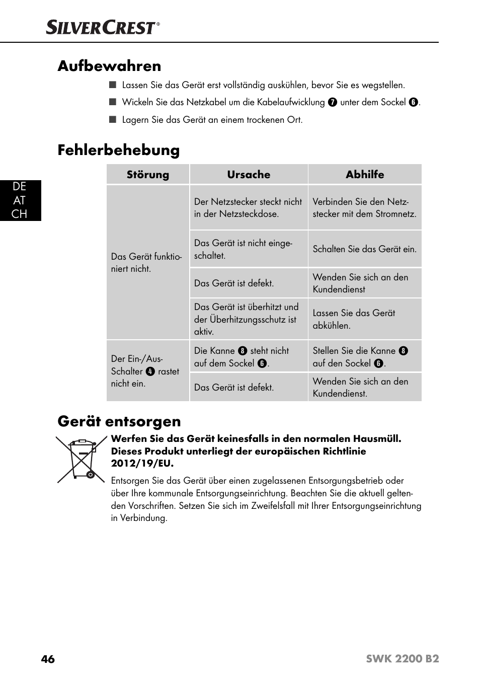 Aufbewahren, Fehlerbehebung, Gerät entsorgen | De at ch | Silvercrest SWK 2200 B2 User Manual | Page 49 / 52