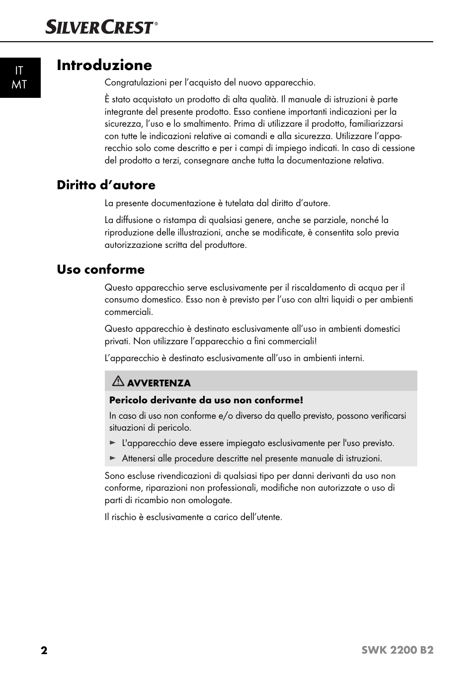 Introduzione, Diritto d’autore, Uso conforme | It mt | Silvercrest SWK 2200 B2 User Manual | Page 5 / 52