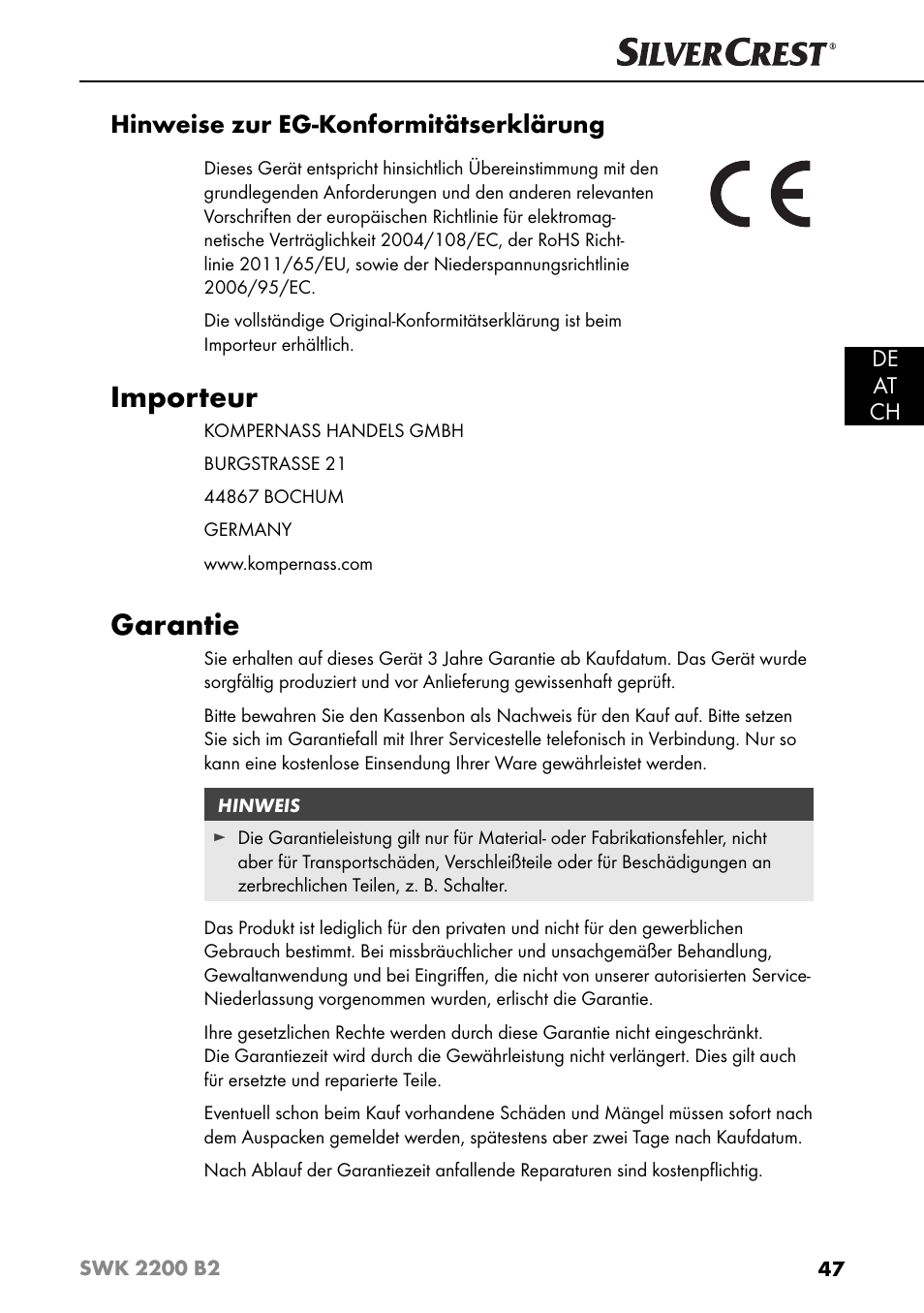 Importeur, Garantie, Hinweise zur eg-konformitätserklärung | De at ch | Silvercrest SWK 2200 B2 User Manual | Page 50 / 52