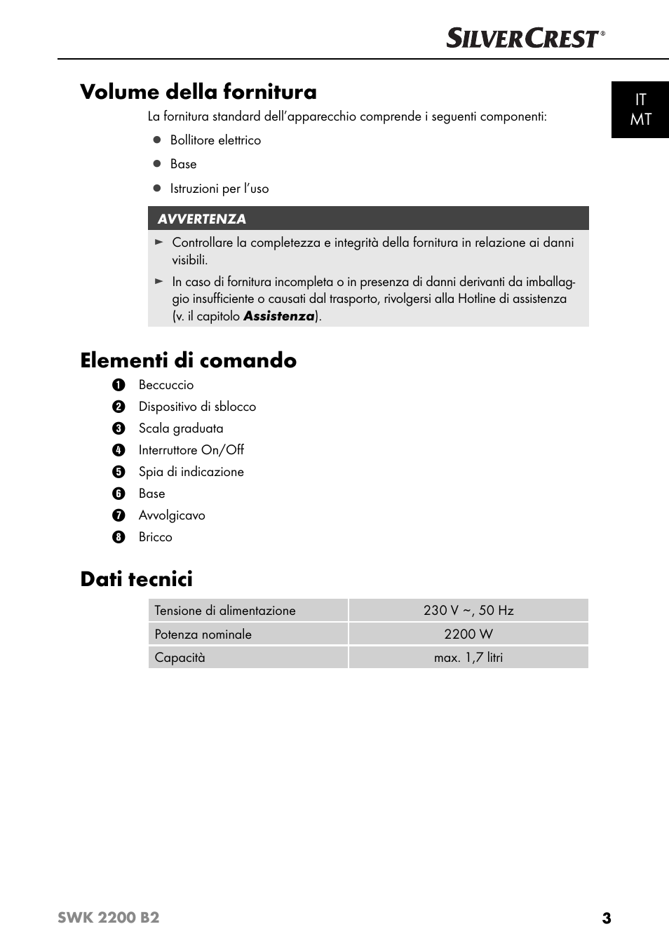 Volume della fornitura, Elementi di comando, Dati tecnici | It mt | Silvercrest SWK 2200 B2 User Manual | Page 6 / 52