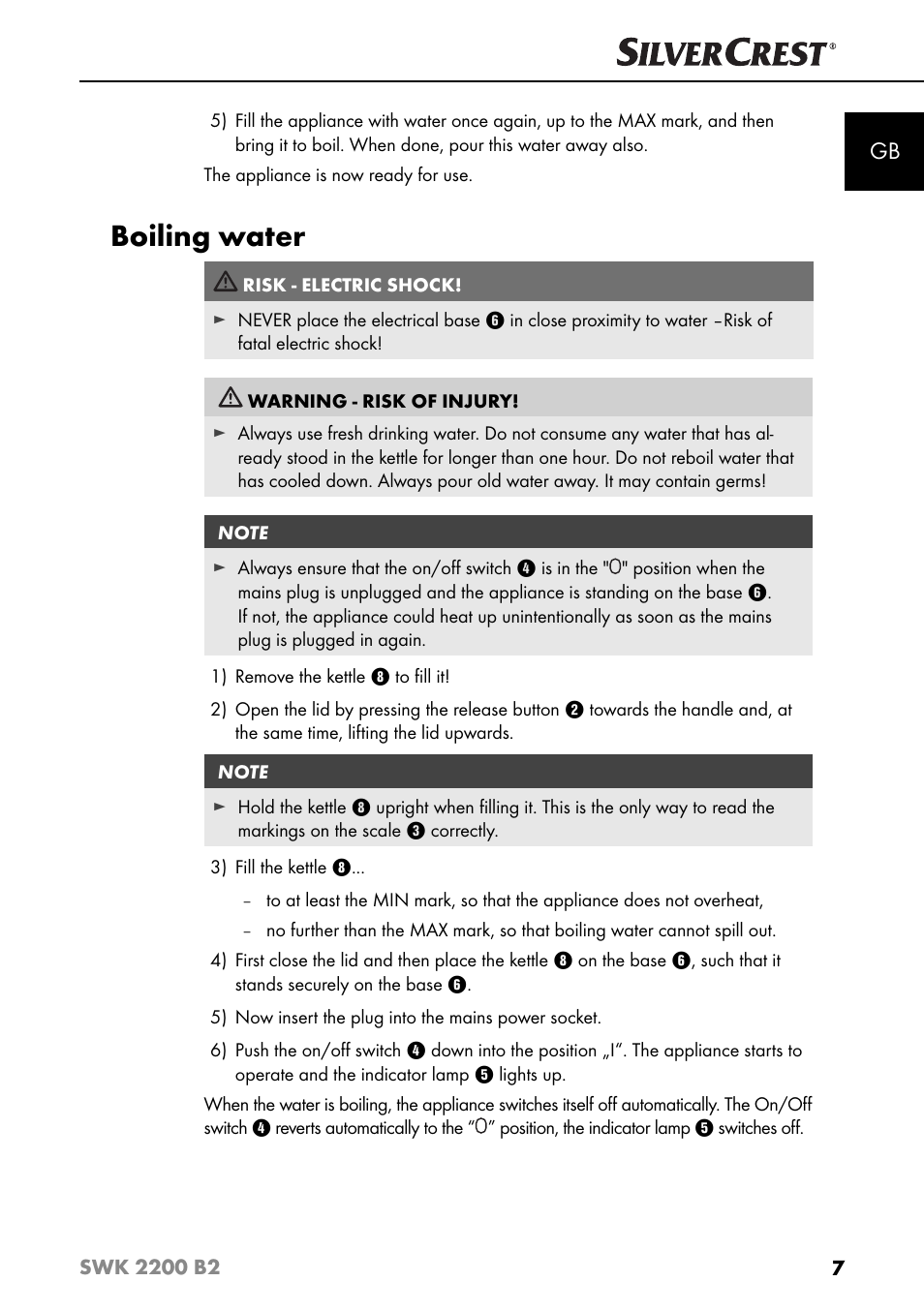Boiling water | Silvercrest SWK 2200 B2 User Manual | Page 10 / 76