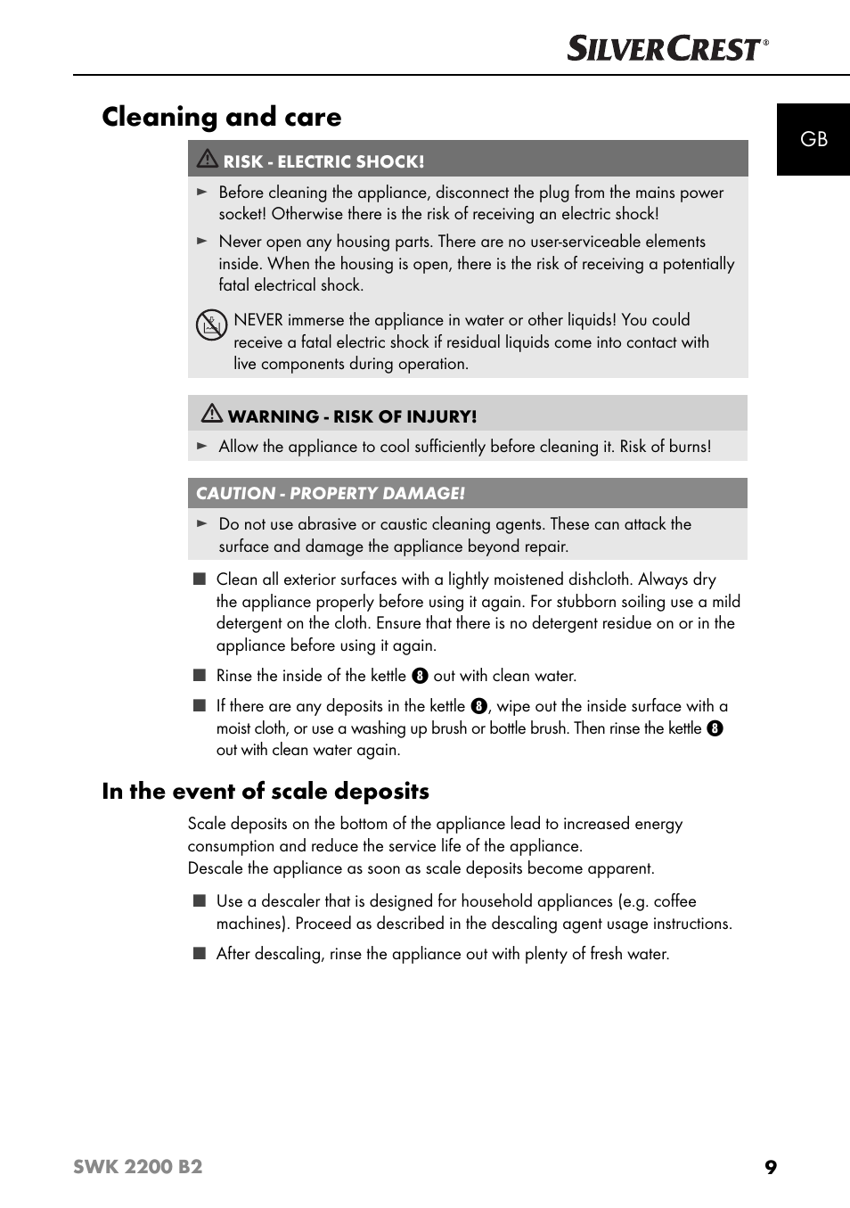 Cleaning and care | Silvercrest SWK 2200 B2 User Manual | Page 12 / 76
