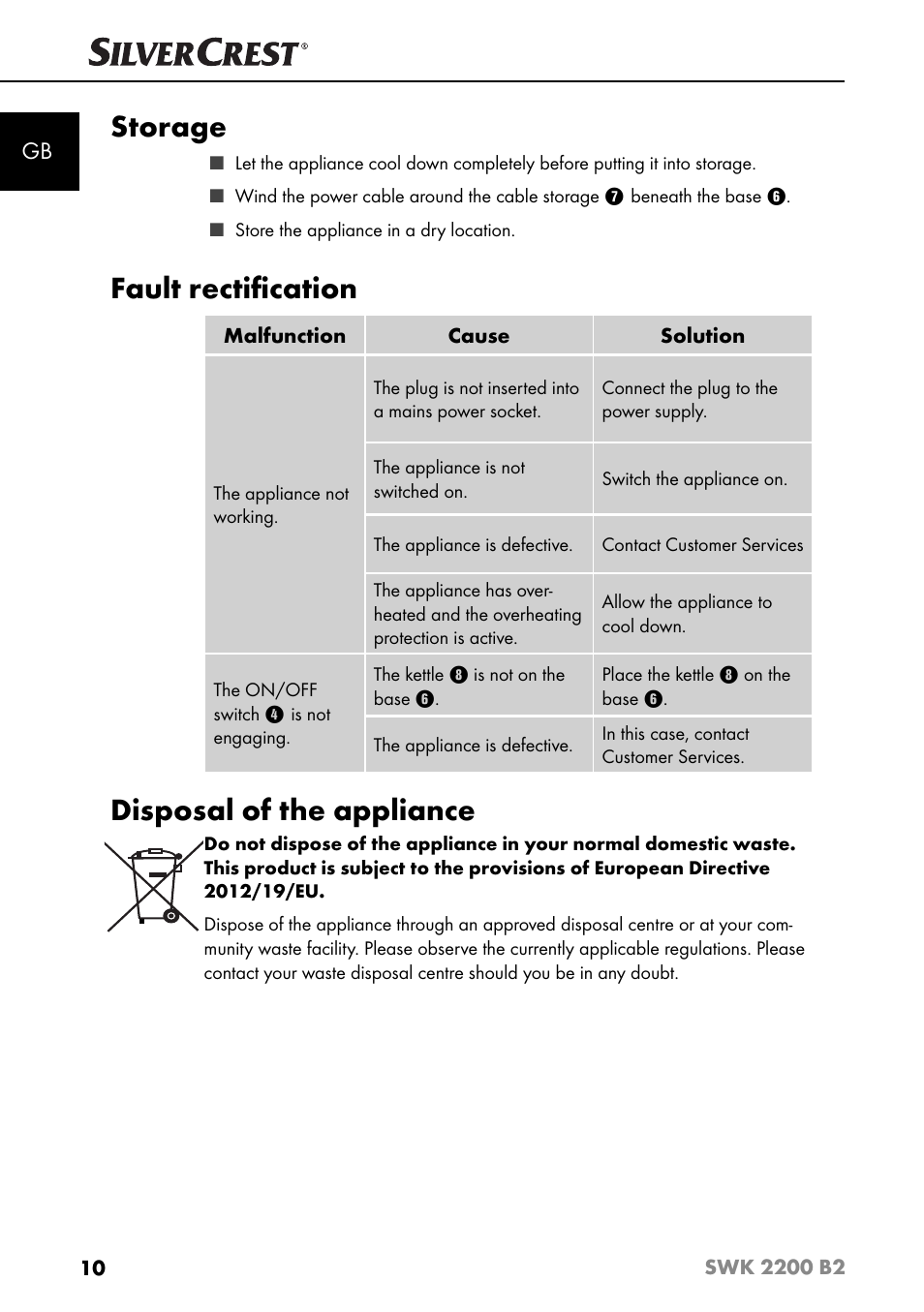 Storage, Fault rectiﬁ cation, Disposal of the appliance | Silvercrest SWK 2200 B2 User Manual | Page 13 / 76