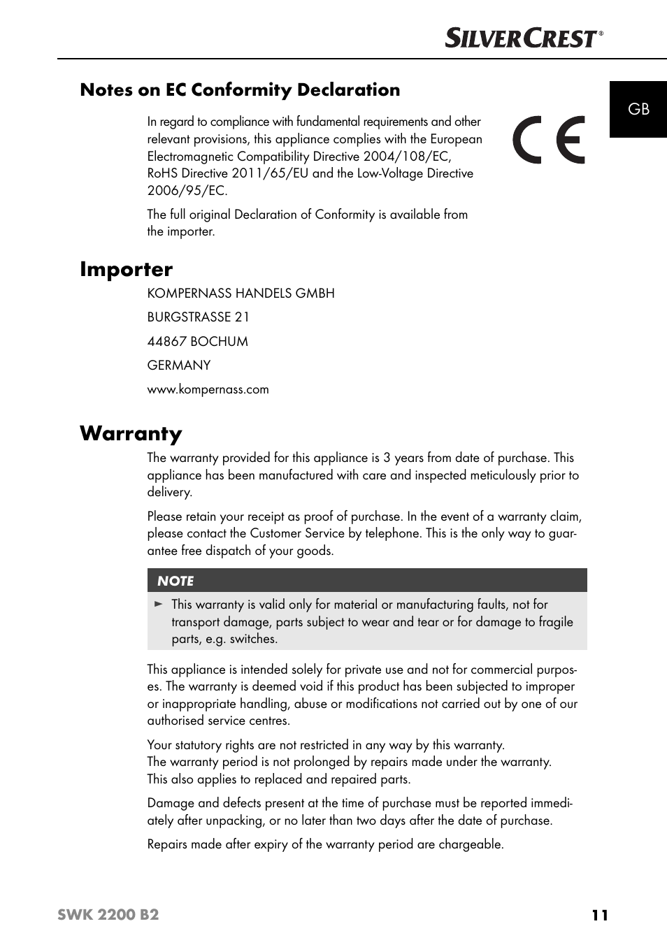 Importer, Warranty | Silvercrest SWK 2200 B2 User Manual | Page 14 / 76