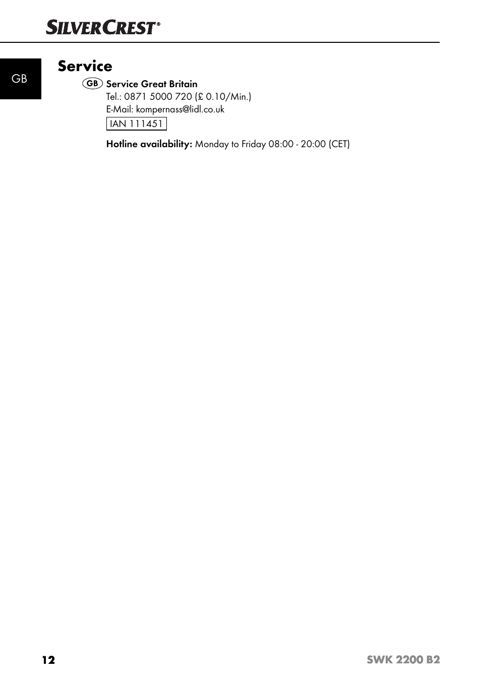 Service | Silvercrest SWK 2200 B2 User Manual | Page 15 / 76
