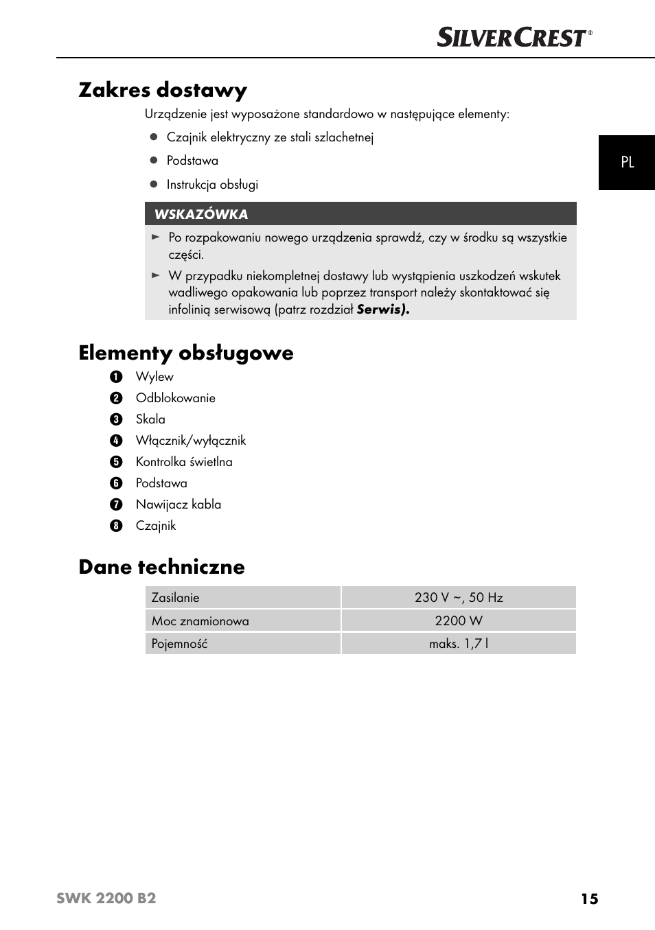 Zakres dostawy, Elementy obsługowe, Dane techniczne | Silvercrest SWK 2200 B2 User Manual | Page 18 / 76