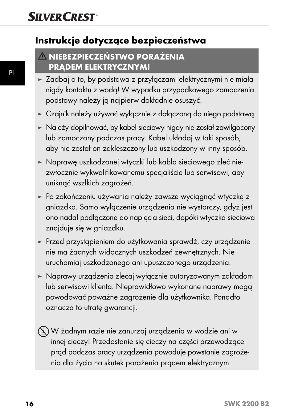 Instrukcje dotyczące bezpieczeństwa, Niebezpieczeństwo porażenia prądem elektrycznym | Silvercrest SWK 2200 B2 User Manual | Page 19 / 76