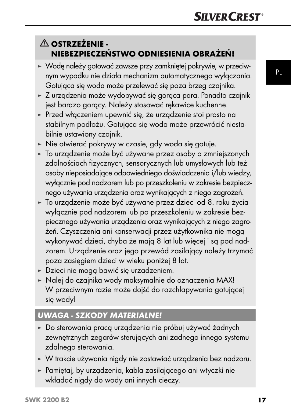 Nie otwierać pokrywy w czasie, gdy woda się gotuje, Dzieci nie mogą bawić się urządzeniem | Silvercrest SWK 2200 B2 User Manual | Page 20 / 76