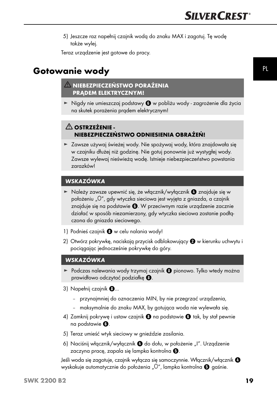 Gotowanie wody | Silvercrest SWK 2200 B2 User Manual | Page 22 / 76