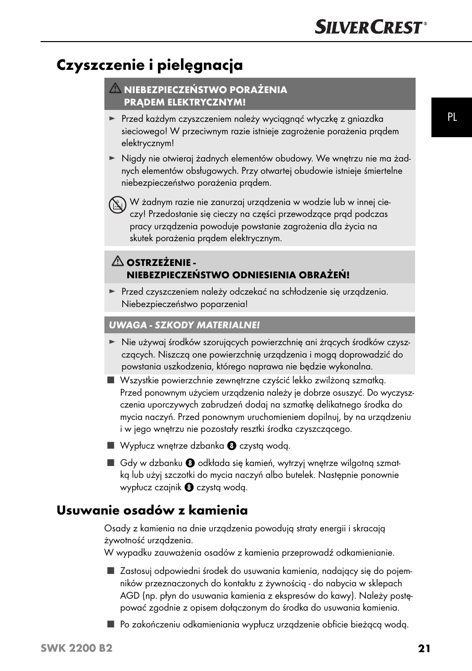 Czyszczenie i pielęgnacja, Usuwanie osadów z kamienia | Silvercrest SWK 2200 B2 User Manual | Page 24 / 76