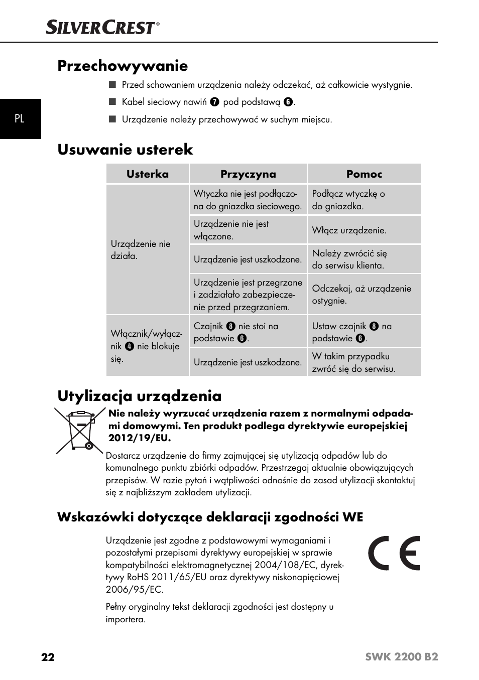 Przechowywanie, Usuwanie usterek, Utylizacja urządzenia | Wskazówki dotyczące deklaracji zgodności we | Silvercrest SWK 2200 B2 User Manual | Page 25 / 76