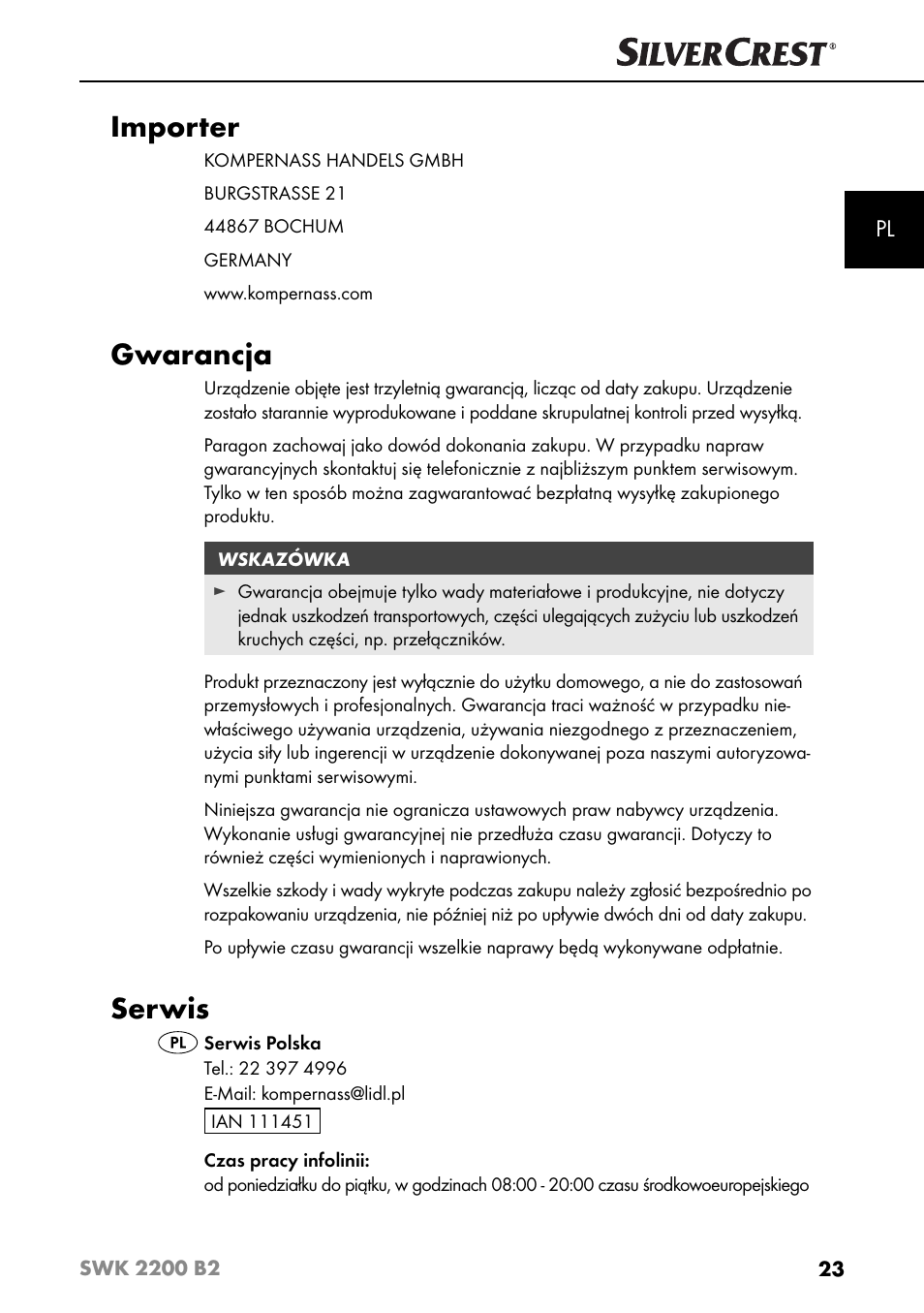 Importer, Gwarancja, Serwis | Silvercrest SWK 2200 B2 User Manual | Page 26 / 76