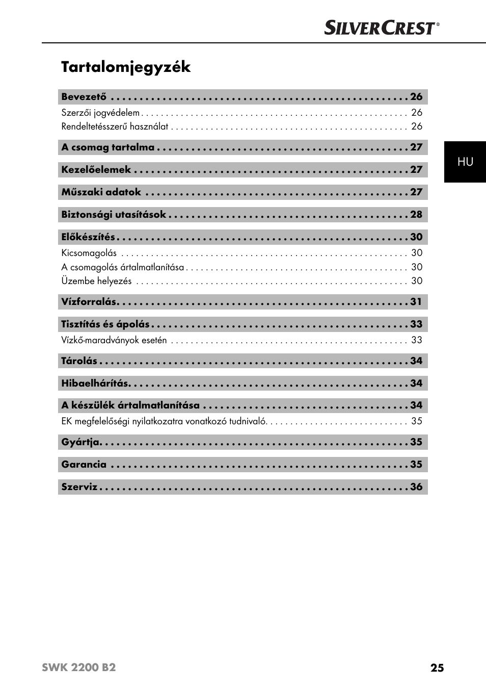 Tartalomjegyzék | Silvercrest SWK 2200 B2 User Manual | Page 28 / 76
