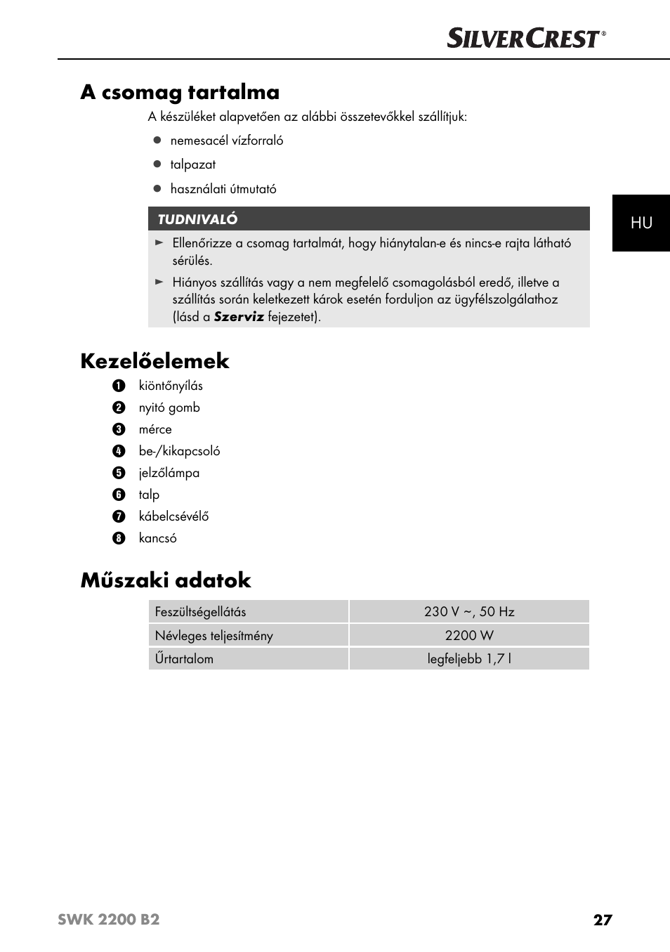 A csomag tartalma, Kezelőelemek, Műszaki adatok | Silvercrest SWK 2200 B2 User Manual | Page 30 / 76