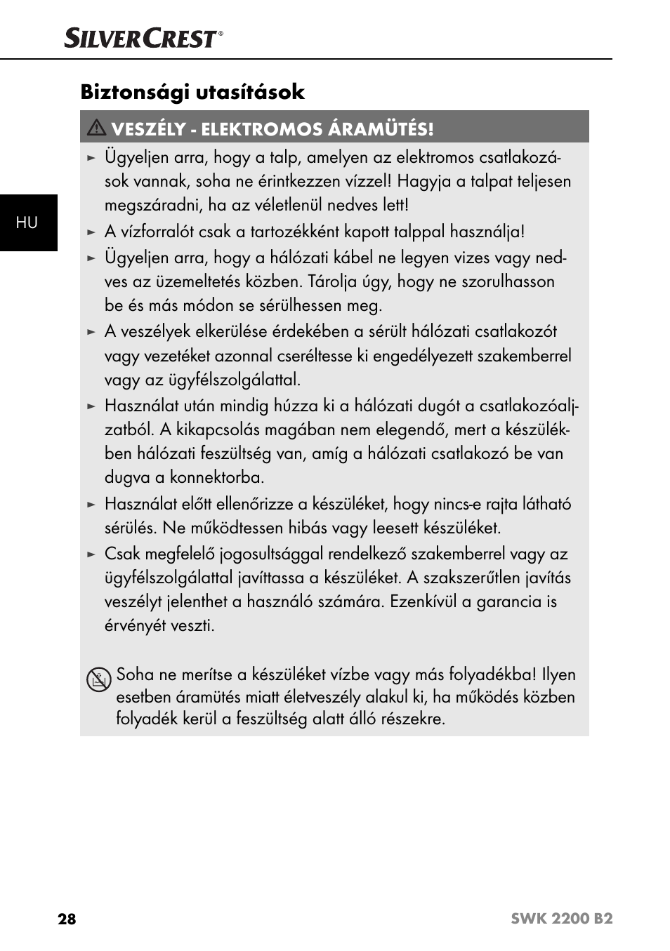 Biztonsági utasítások, Veszély - elektromos áramütés | Silvercrest SWK 2200 B2 User Manual | Page 31 / 76