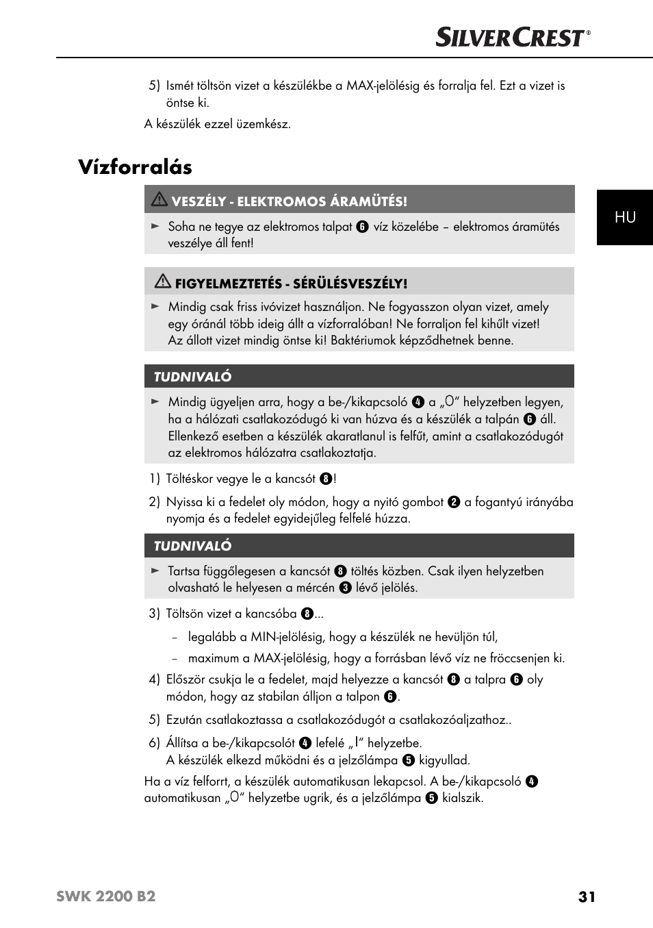 Vízforralás | Silvercrest SWK 2200 B2 User Manual | Page 34 / 76