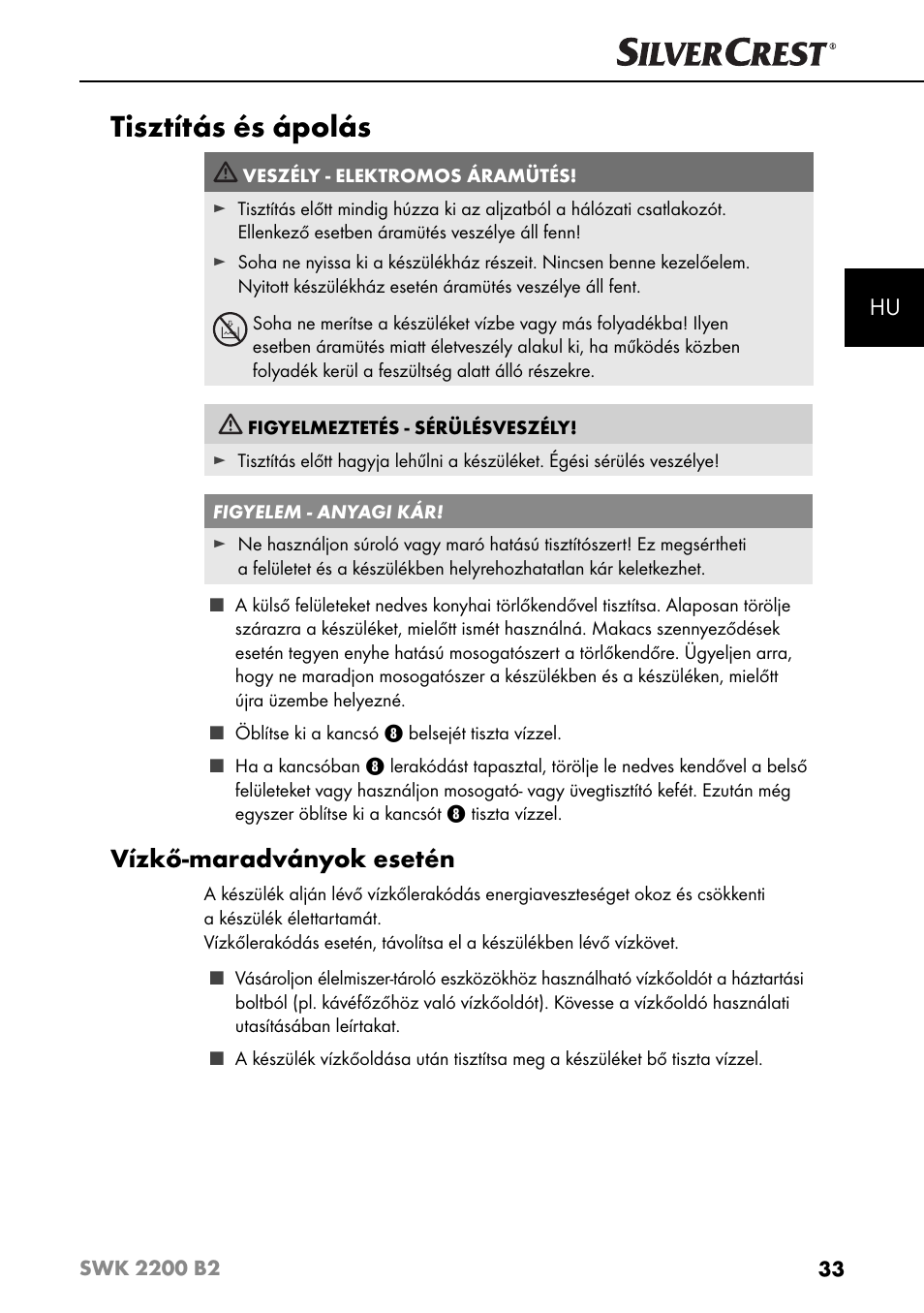 Tisztítás és ápolás, Vízkő-maradványok esetén | Silvercrest SWK 2200 B2 User Manual | Page 36 / 76