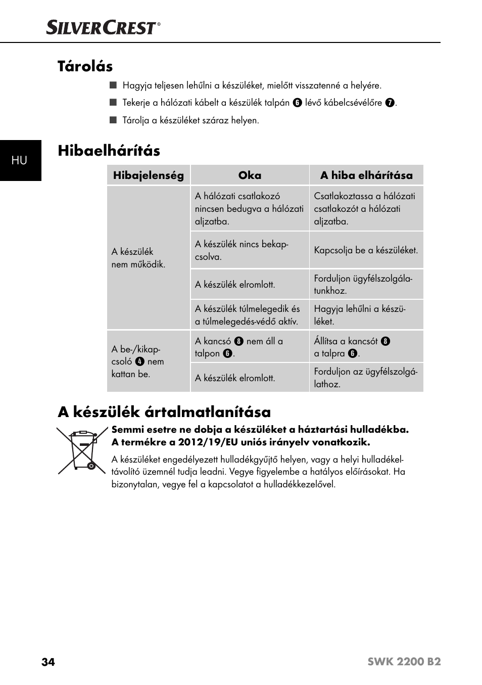 Tárolás, Hibaelhárítás, A készülék ártalmatlanítása | Silvercrest SWK 2200 B2 User Manual | Page 37 / 76