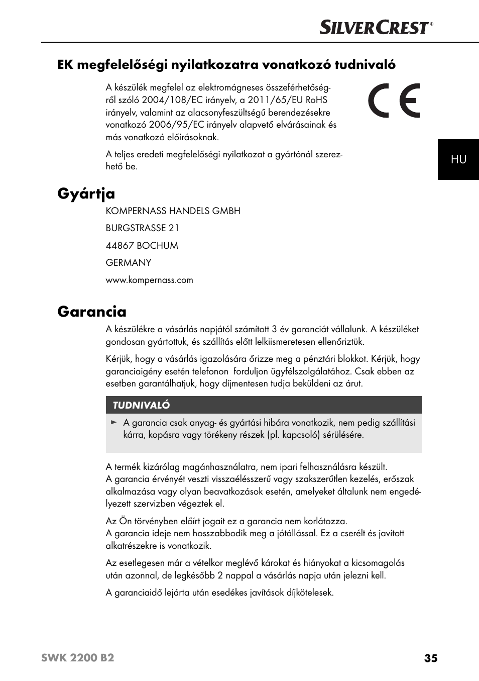 Gyártja, Garancia, Ek megfelelőségi nyilatkozatra vonatkozó tudnivaló | Silvercrest SWK 2200 B2 User Manual | Page 38 / 76