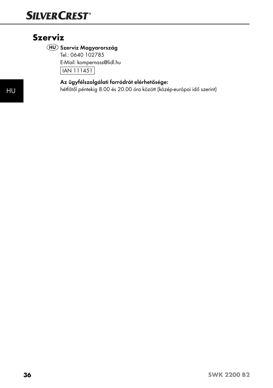 Szerviz | Silvercrest SWK 2200 B2 User Manual | Page 39 / 76
