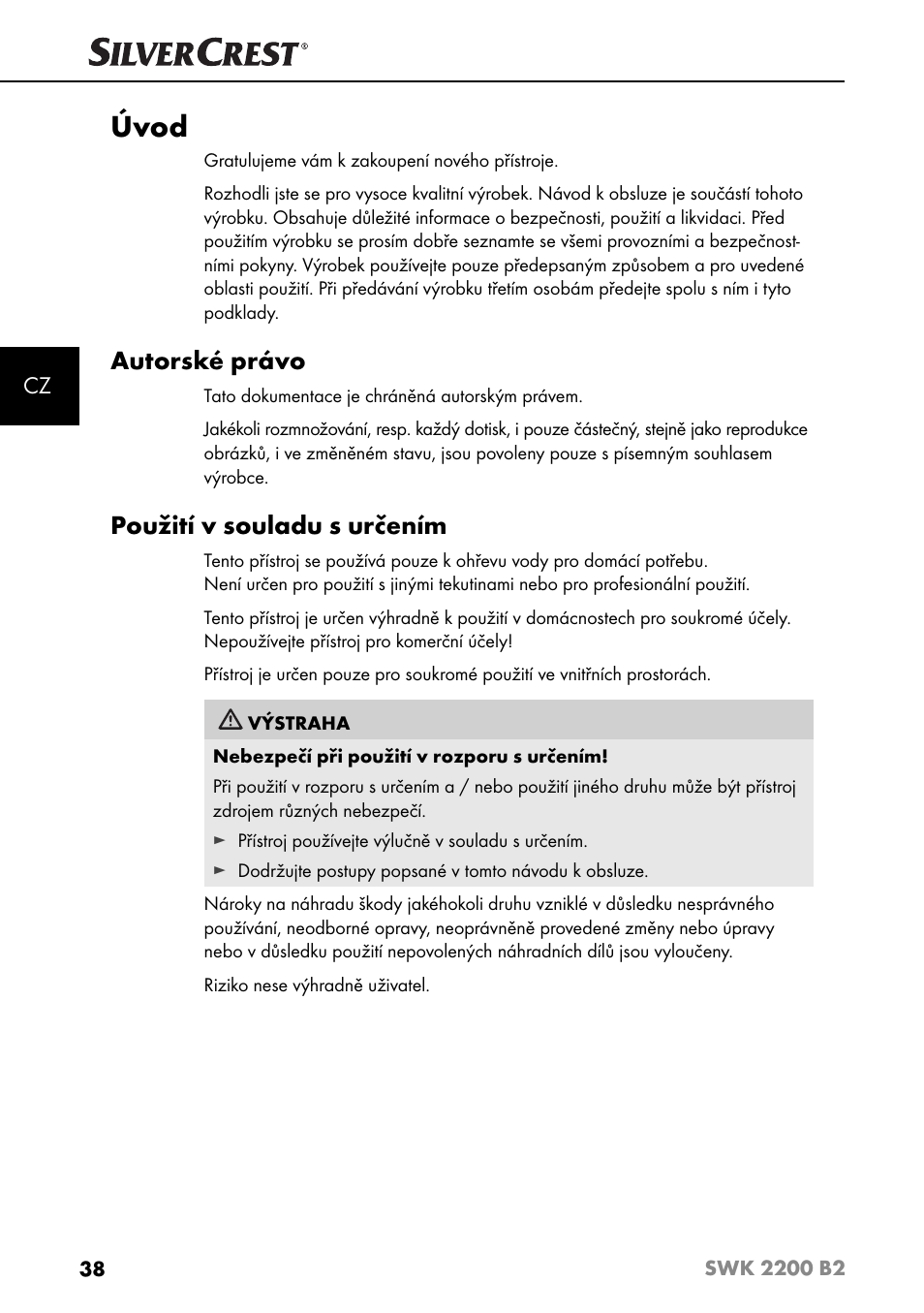 Úvod, Autorské právo, Použití v souladu s určením | Silvercrest SWK 2200 B2 User Manual | Page 41 / 76