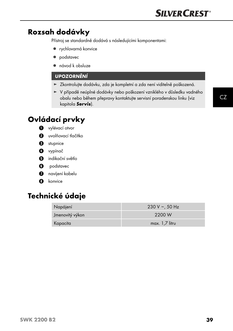 Rozsah dodávky, Ovládací prvky, Technické údaje | Silvercrest SWK 2200 B2 User Manual | Page 42 / 76