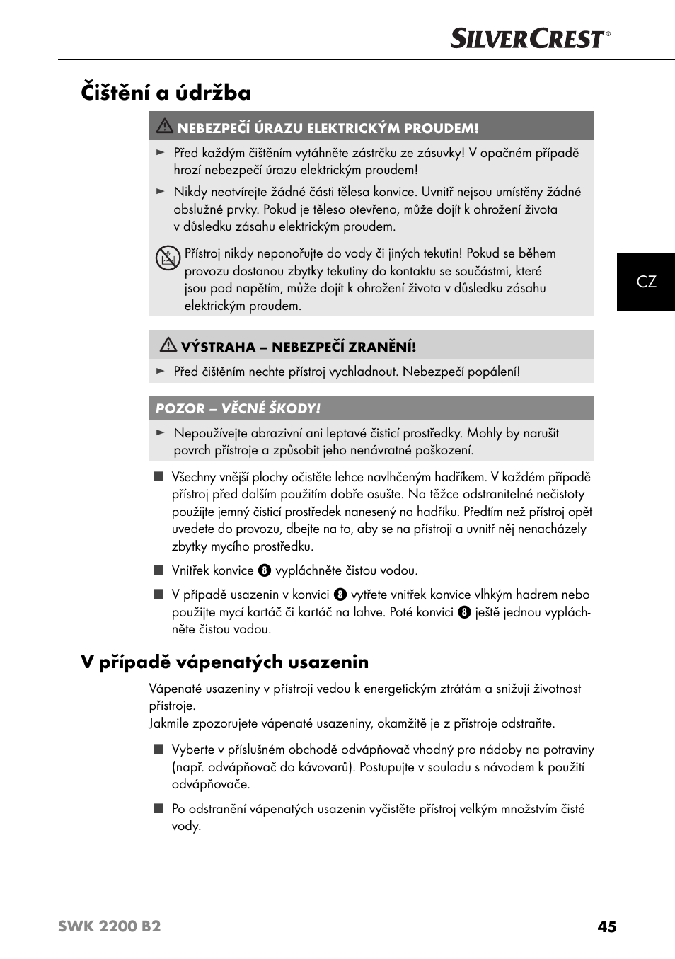 Čištění a údržba, V případě vápenatých usazenin | Silvercrest SWK 2200 B2 User Manual | Page 48 / 76