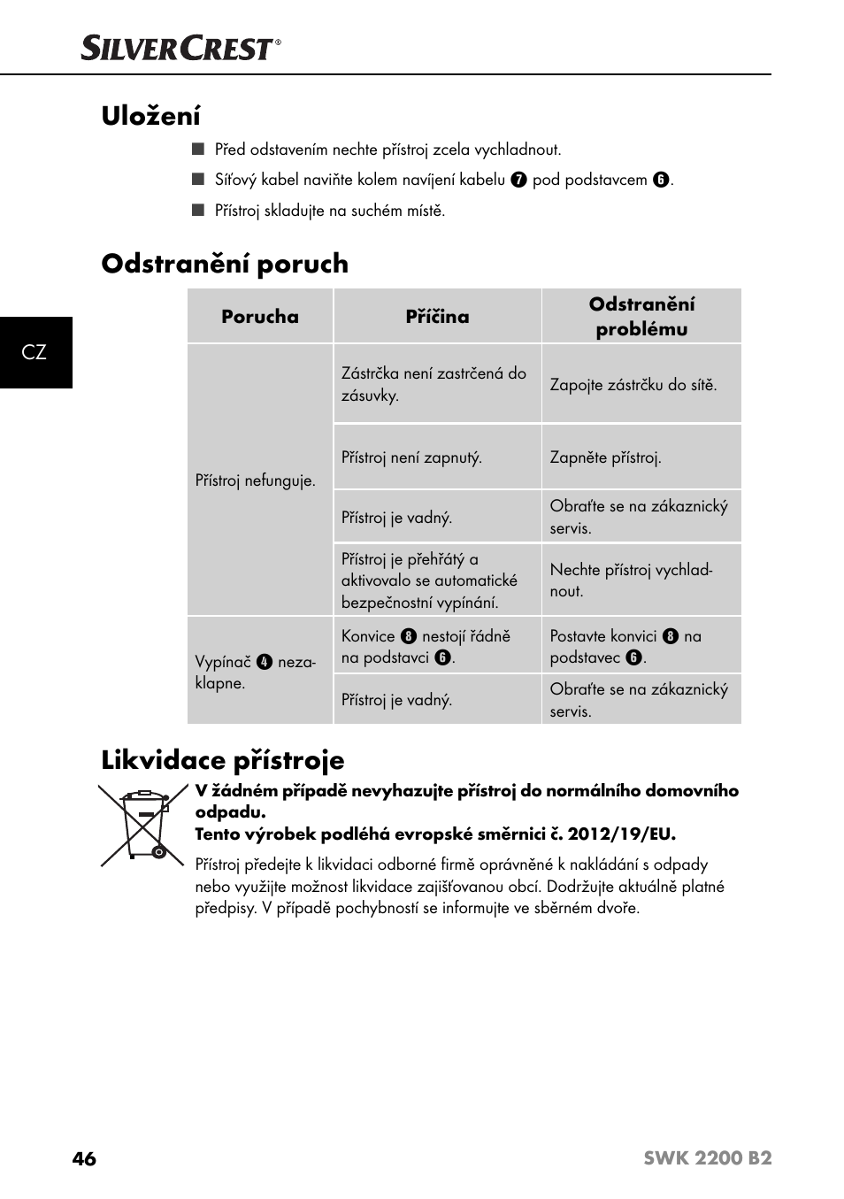 Uložení, Odstranění poruch, Likvidace přístroje | Silvercrest SWK 2200 B2 User Manual | Page 49 / 76