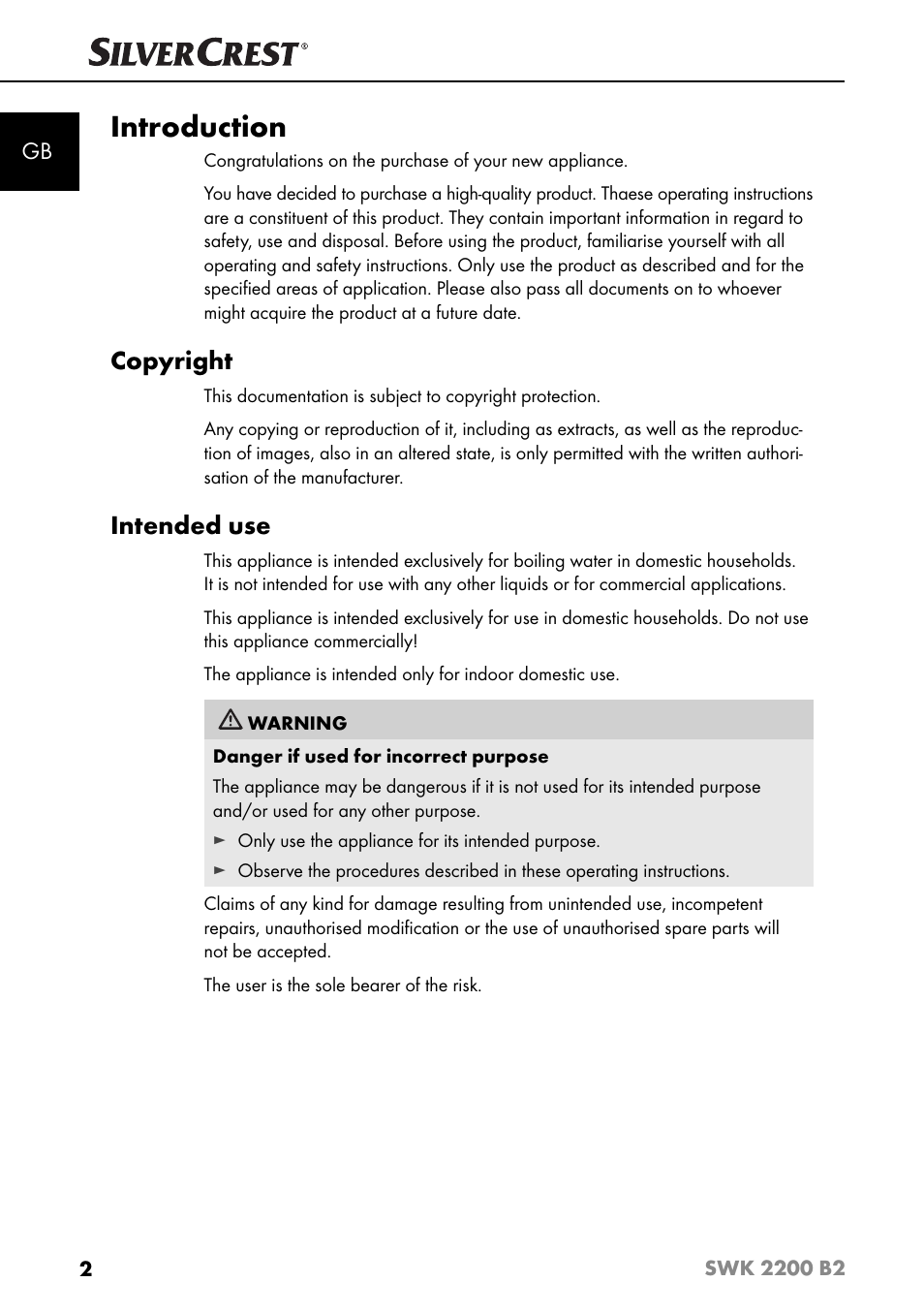Introduction, Copyright, Intended use | Silvercrest SWK 2200 B2 User Manual | Page 5 / 76