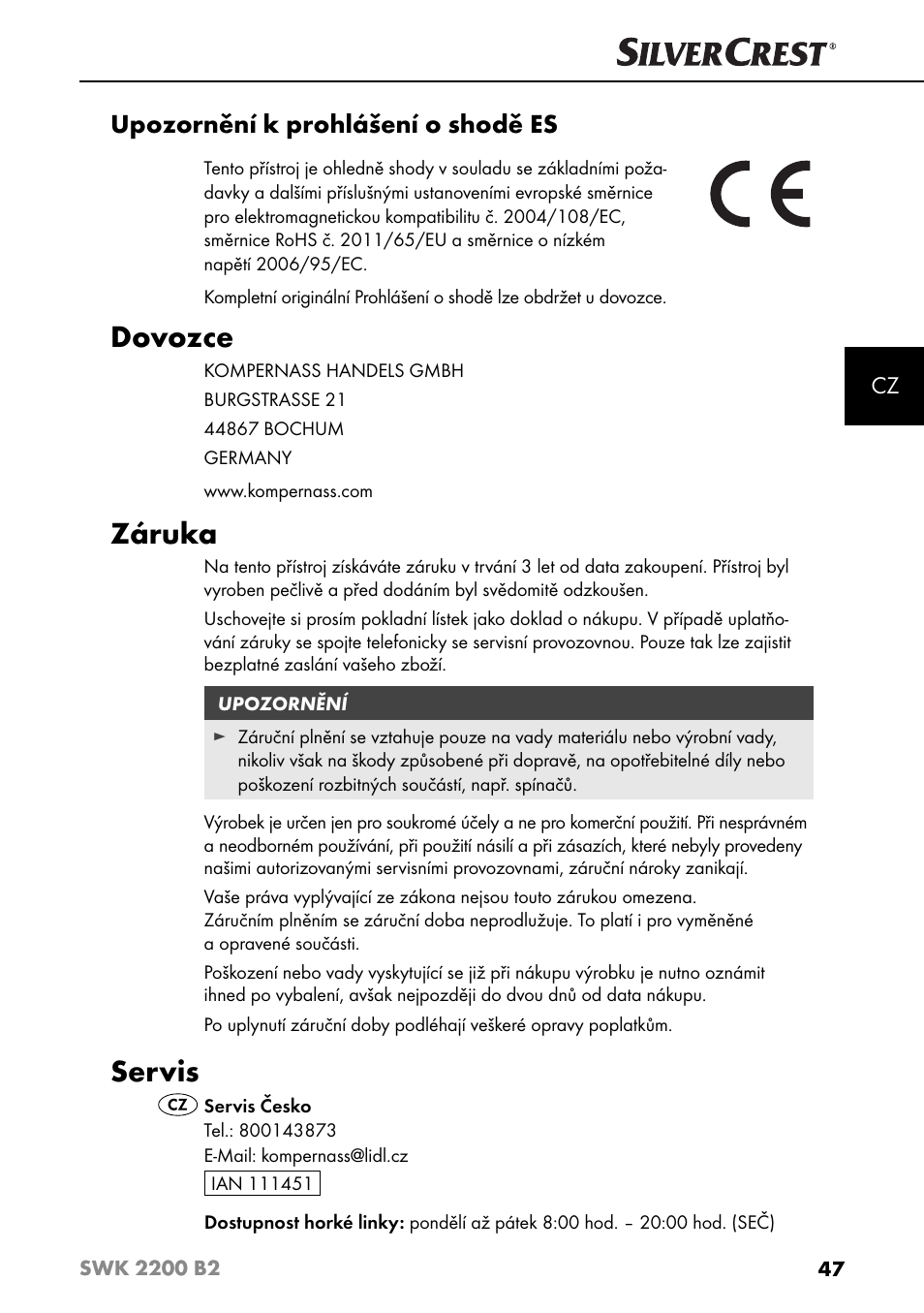 Dovozce, Záruka, Servis | Upozornění k prohlášení o shodě es | Silvercrest SWK 2200 B2 User Manual | Page 50 / 76