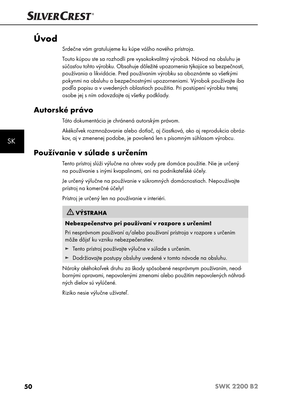 Úvod, Autorské právo, Používanie v súlade s určením | Silvercrest SWK 2200 B2 User Manual | Page 53 / 76
