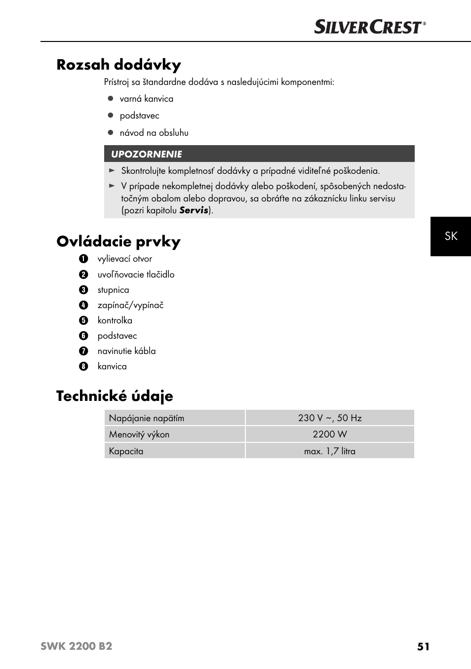Rozsah dodávky, Ovládacie prvky, Technické údaje | Silvercrest SWK 2200 B2 User Manual | Page 54 / 76