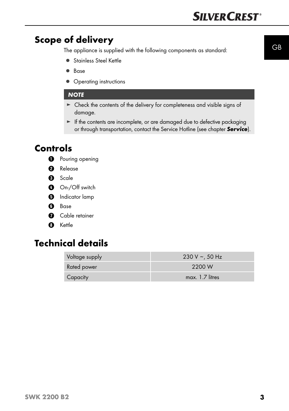 Scope of delivery, Controls, Technical details | Silvercrest SWK 2200 B2 User Manual | Page 6 / 76