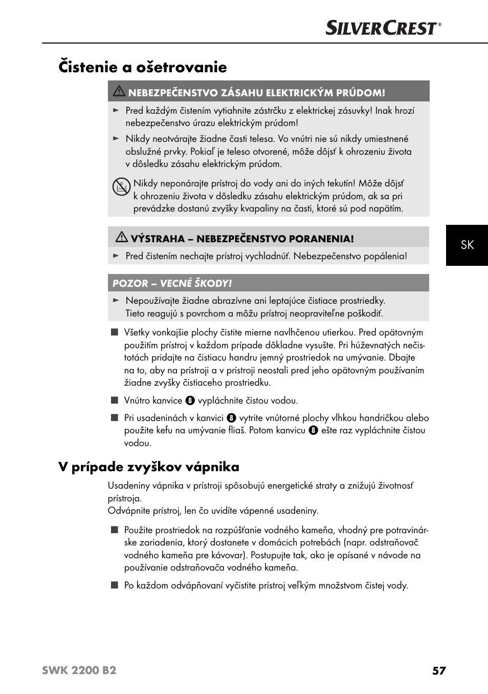 Čistenie a ošetrovanie, V prípade zvyškov vápnika | Silvercrest SWK 2200 B2 User Manual | Page 60 / 76