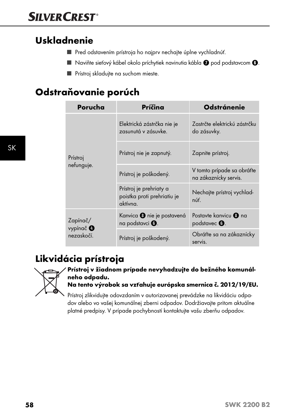 Uskladnenie, Odstraňovanie porúch, Likvidácia prístroja | Silvercrest SWK 2200 B2 User Manual | Page 61 / 76