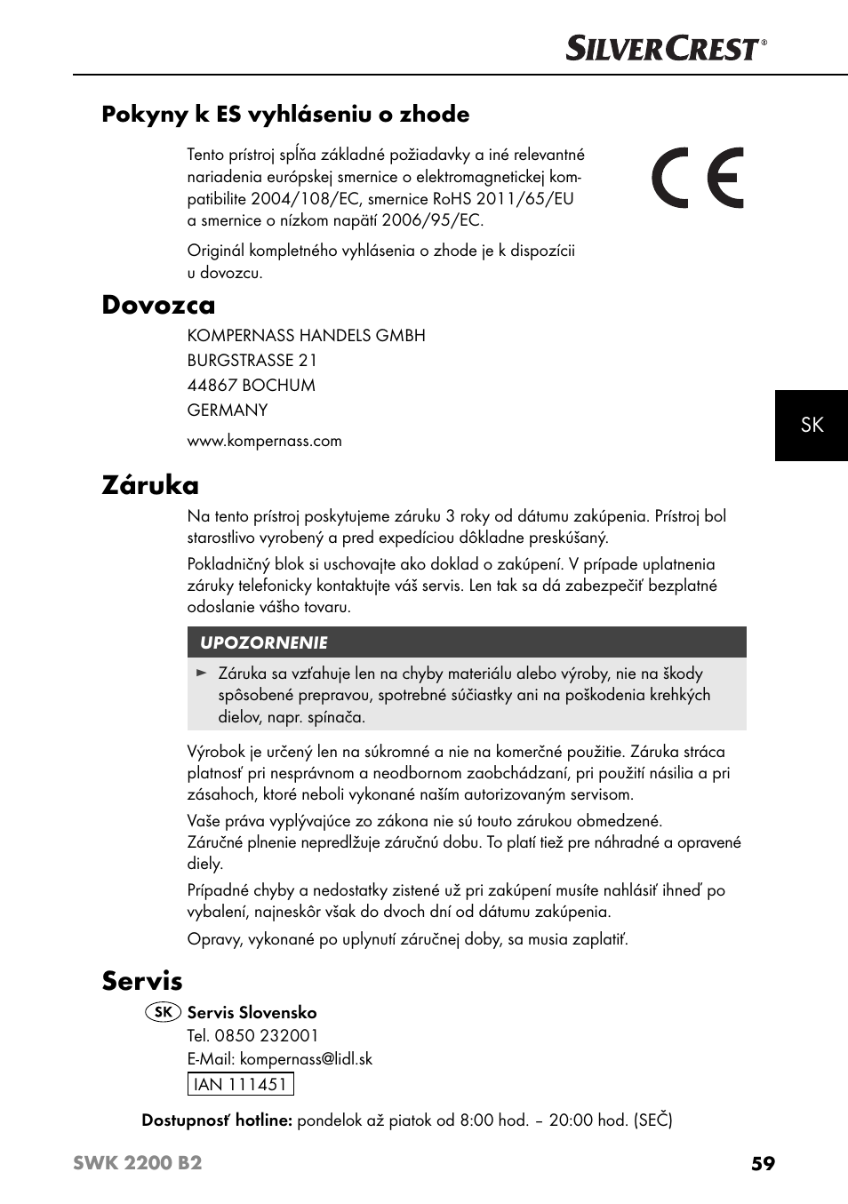 Dovozca, Záruka, Servis | Pokyny k es vyhláseniu o zhode | Silvercrest SWK 2200 B2 User Manual | Page 62 / 76