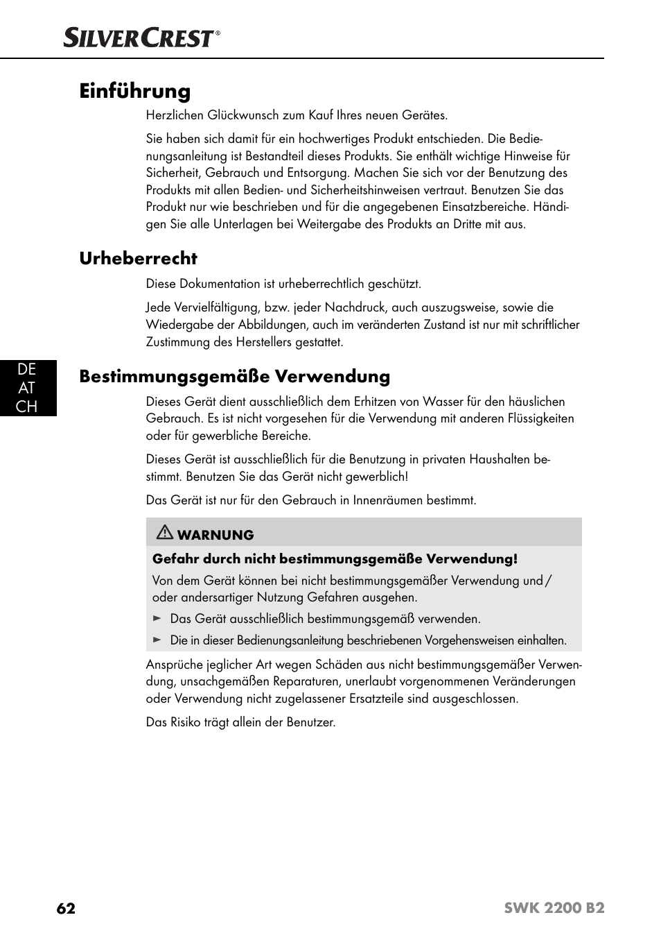 Einführung, Urheberrecht, Bestimmungsgemäße verwendung | De at ch | Silvercrest SWK 2200 B2 User Manual | Page 65 / 76