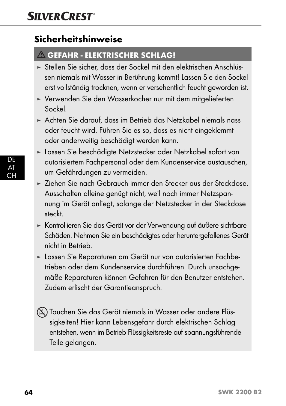Sicherheitshinweise, Gefahr - elektrischer schlag | Silvercrest SWK 2200 B2 User Manual | Page 67 / 76