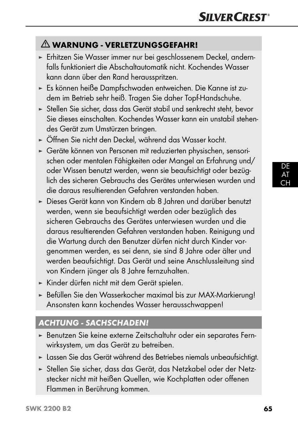 Warnung - verletzungsgefahr, Kinder dürfen nicht mit dem gerät spielen | Silvercrest SWK 2200 B2 User Manual | Page 68 / 76