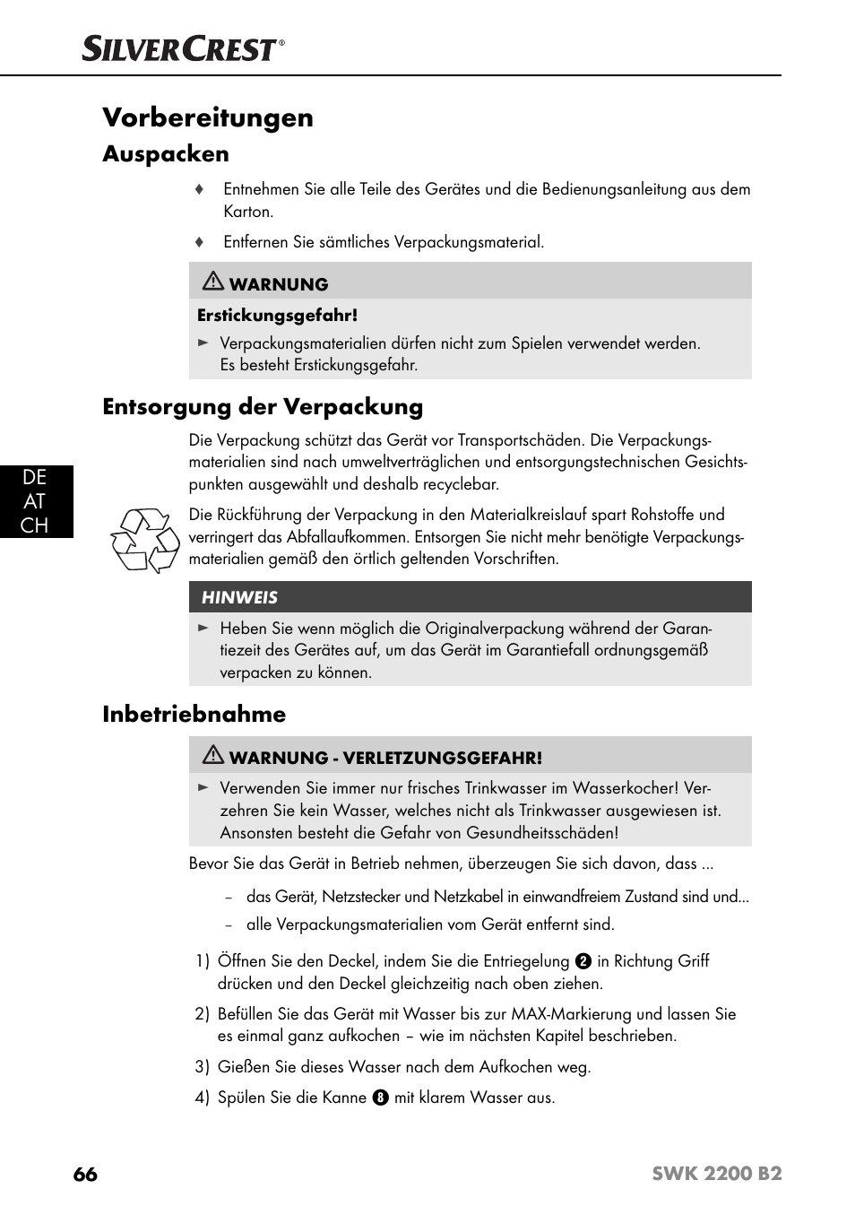 Vorbereitungen, Auspacken, Entsorgung der verpackung | Inbetriebnahme, De at ch | Silvercrest SWK 2200 B2 User Manual | Page 69 / 76