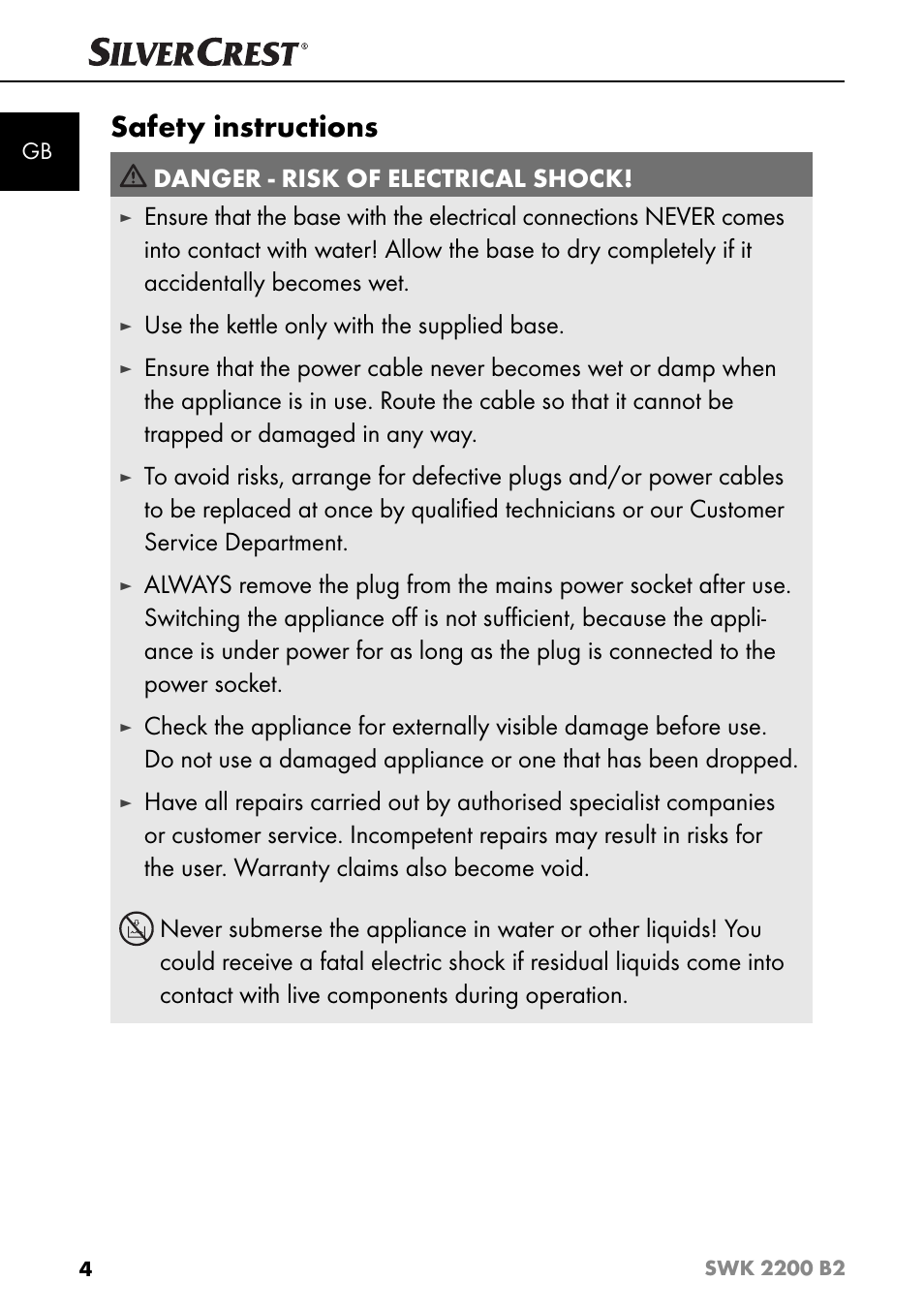 Safety instructions, Danger - risk of electrical shock, Use the kettle only with the supplied base | Silvercrest SWK 2200 B2 User Manual | Page 7 / 76