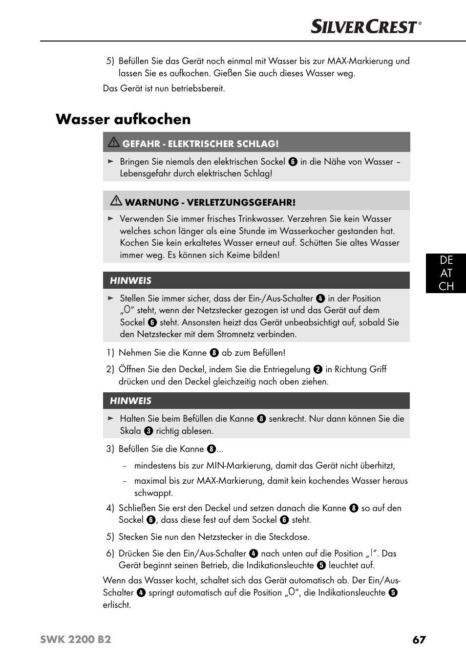 Wasser aufkochen, De at ch | Silvercrest SWK 2200 B2 User Manual | Page 70 / 76