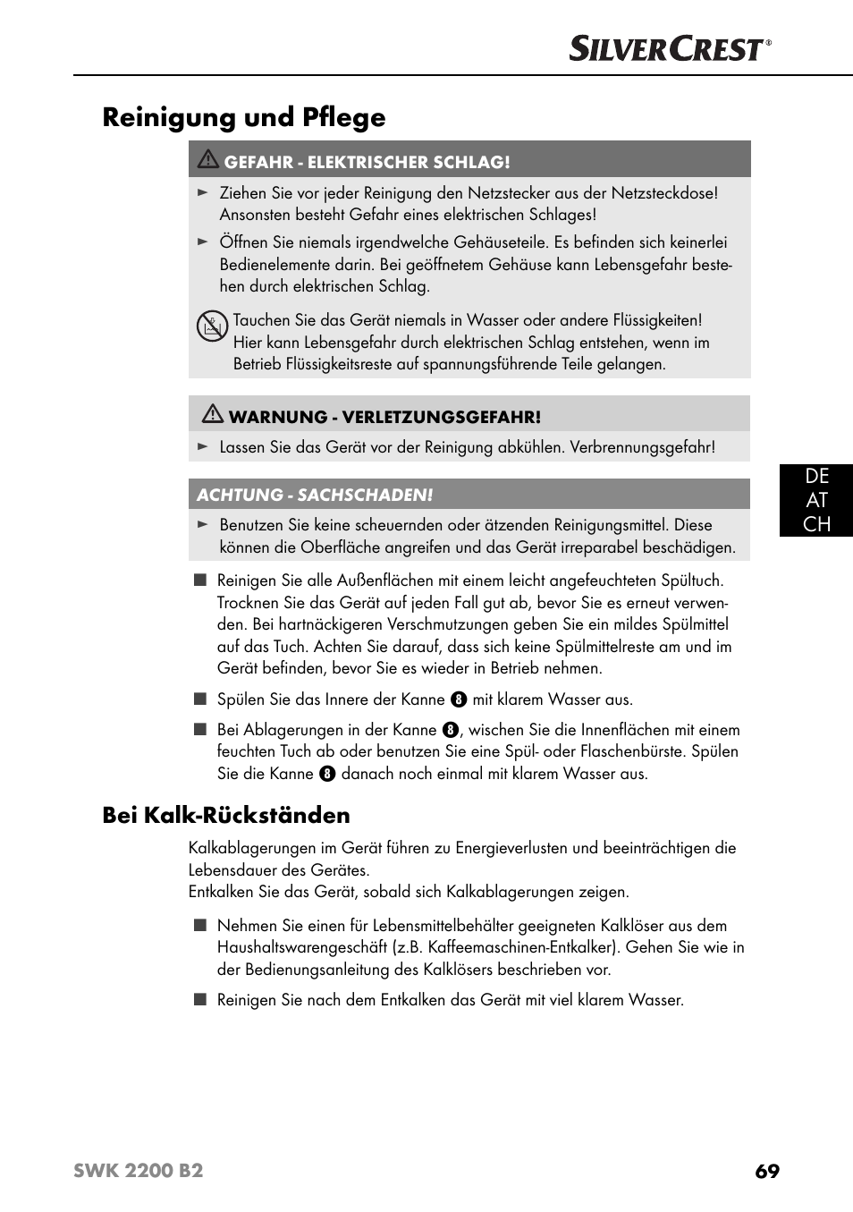 Reinigung und pﬂ ege, Bei kalk-rückständen, De at ch | Silvercrest SWK 2200 B2 User Manual | Page 72 / 76